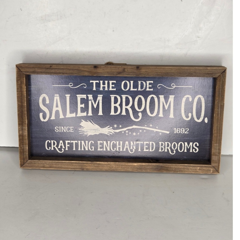 The Olde Salem Broom Co Rustic Wood Framed Wall Sign Halloween Witch Decor 12x6
